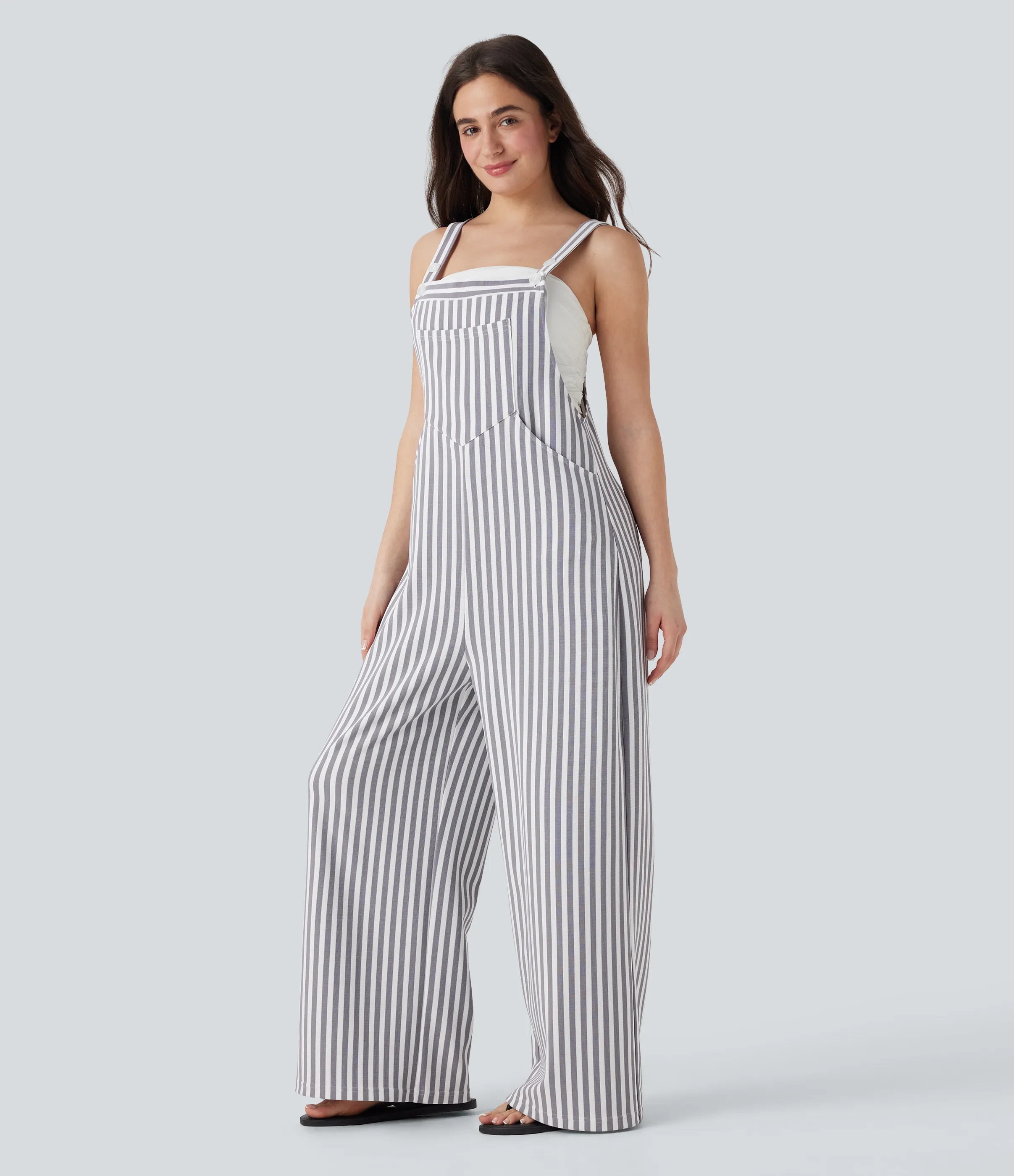 Halara Overol resort gofre raya múltiple bolsillo botón correa ajustable - Stone Stripe - XS(regular) sold by Halara product image thumbnail 4