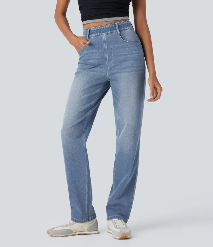 Halara Jeans Halara Flex™ Denim elástico lavado pierna recta tiro alto control abdomen múltiple bolsillo - Malibu Blue Denim - XS(regular) sold by Halara