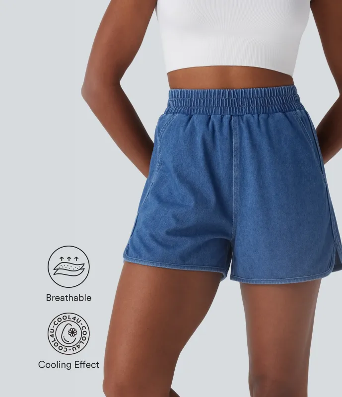 Halara Shorts Halara Flex™ Denim mezclilla elástico de tiro alto desgastados de tacto fresco con dobladillo y bolsillos - Indigo Mid Blue Denim - XS(regular) sold by Halara
