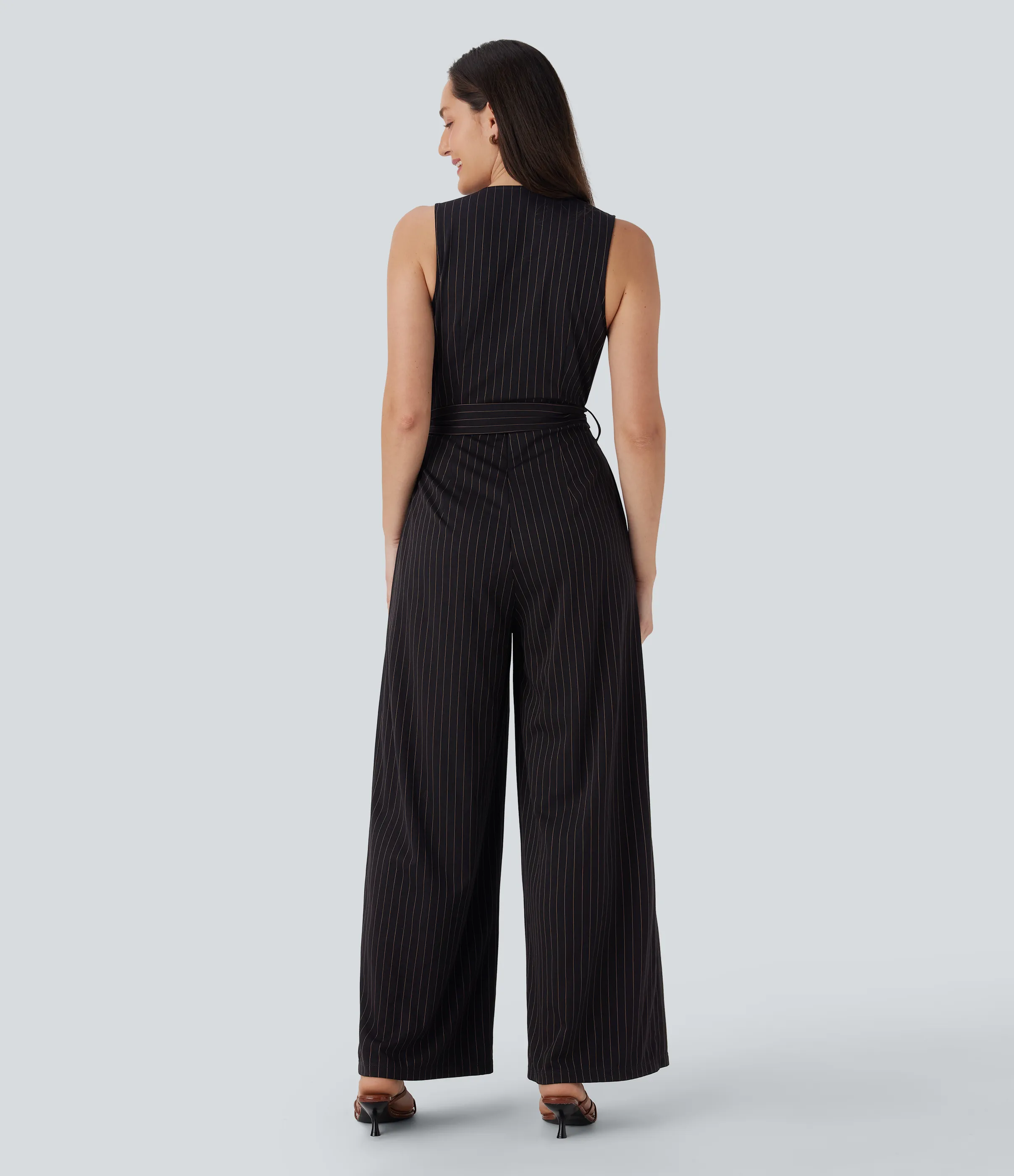 Halara Mono de oficina a rayas sin mangas con cuello en V, botones, cinturón, cremallera invisible de tacto fresco con bolsillos - Easy Peezy - Black Brown Black Pinstripe - XL(regular) sold by Halara product image thumbnail 3