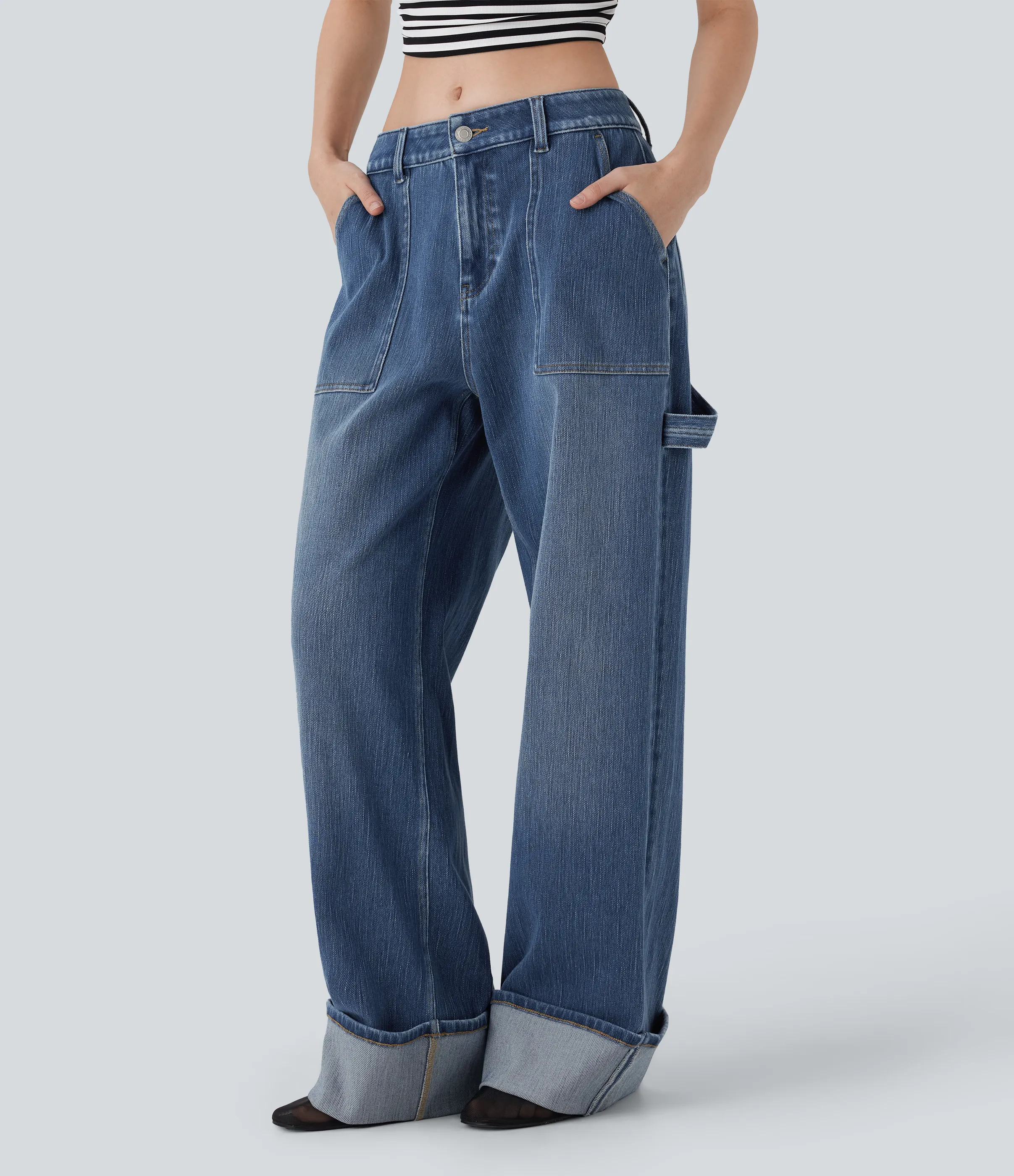 Halara Jeans holgado Baggy Halara Flex™ Denim elástico estilo desgastado con dobladillo enrollado y tiro bajo con bolsillos - Estate Blue Denim - XL(regular) sold by Halara product image thumbnail 4