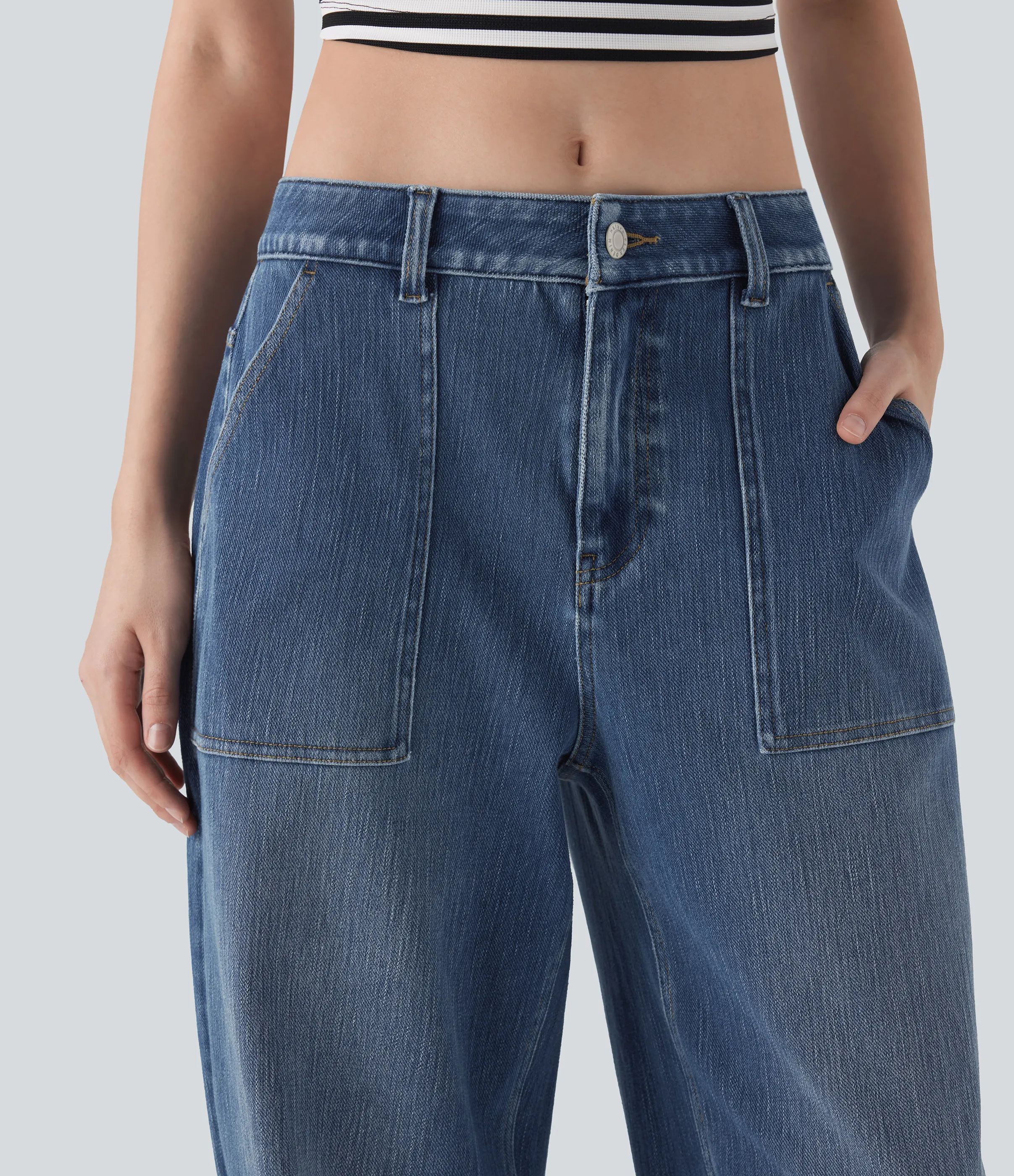 Halara Jeans holgado Baggy Halara Flex™ Denim elástico estilo desgastado con dobladillo enrollado y tiro bajo con bolsillos - Estate Blue Denim - XL(regular) sold by Halara product image thumbnail 5