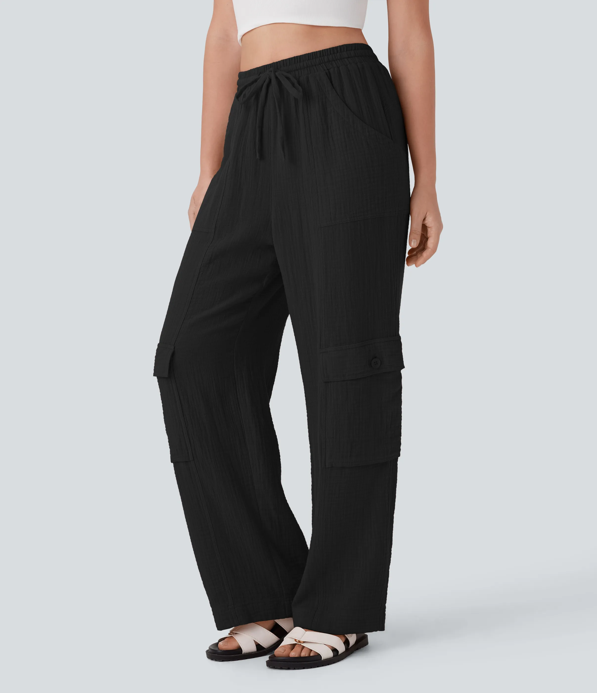 Halara Pantalones cargo casuales de algodón con tiro alto, cordón ajustable y pierna ancha con bolsillos - Black - L(regular) sold by Halara product image thumbnail 2