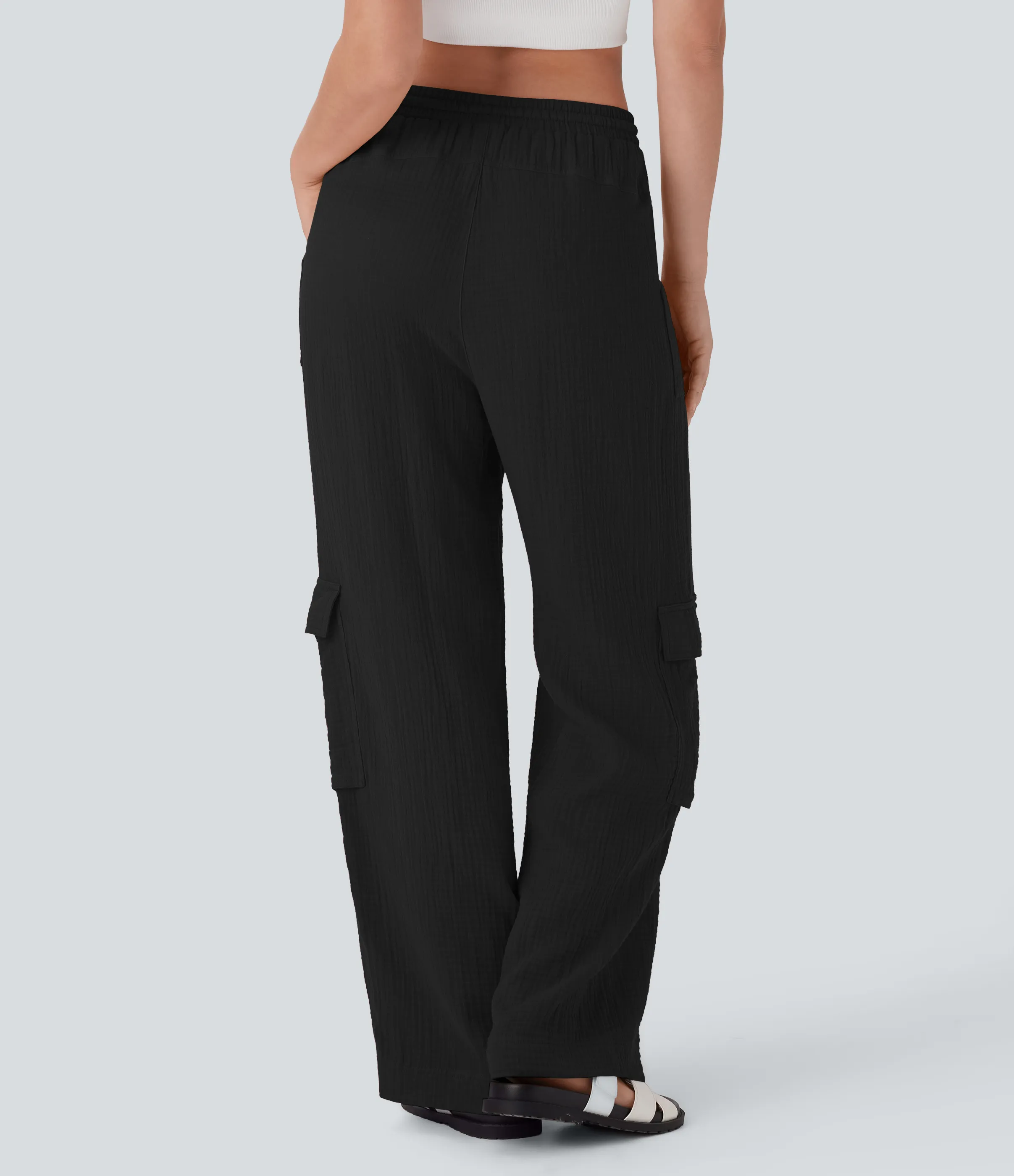 Halara Pantalones cargo casuales de algodón con tiro alto, cordón ajustable y pierna ancha con bolsillos - Black - L(regular) sold by Halara product image thumbnail 3