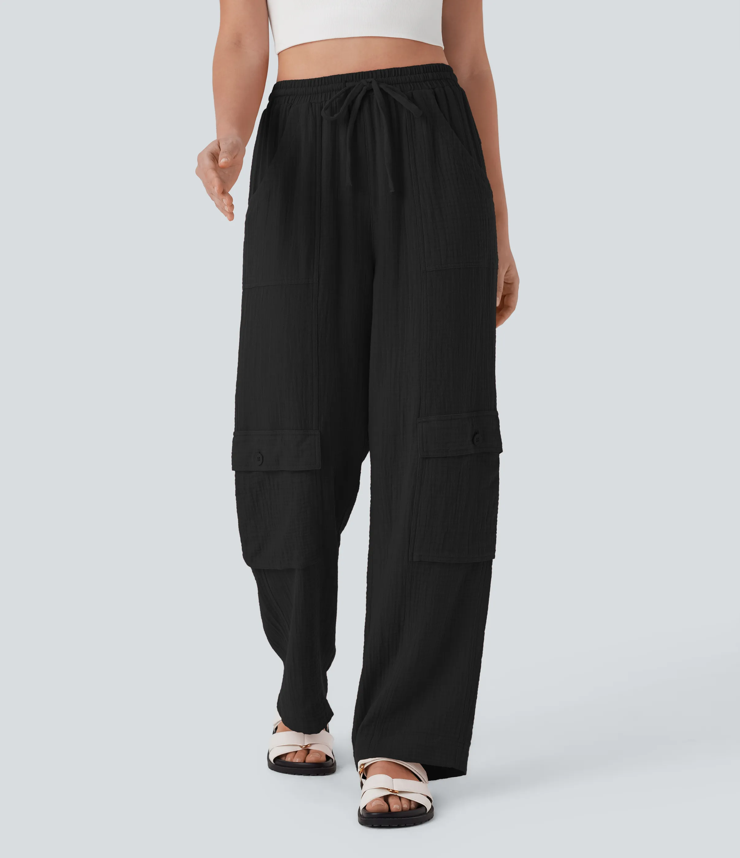 Halara Pantalones cargo casuales de algodón con tiro alto, cordón ajustable y pierna ancha con bolsillos - Black - L(regular) sold by Halara product image thumbnail 4