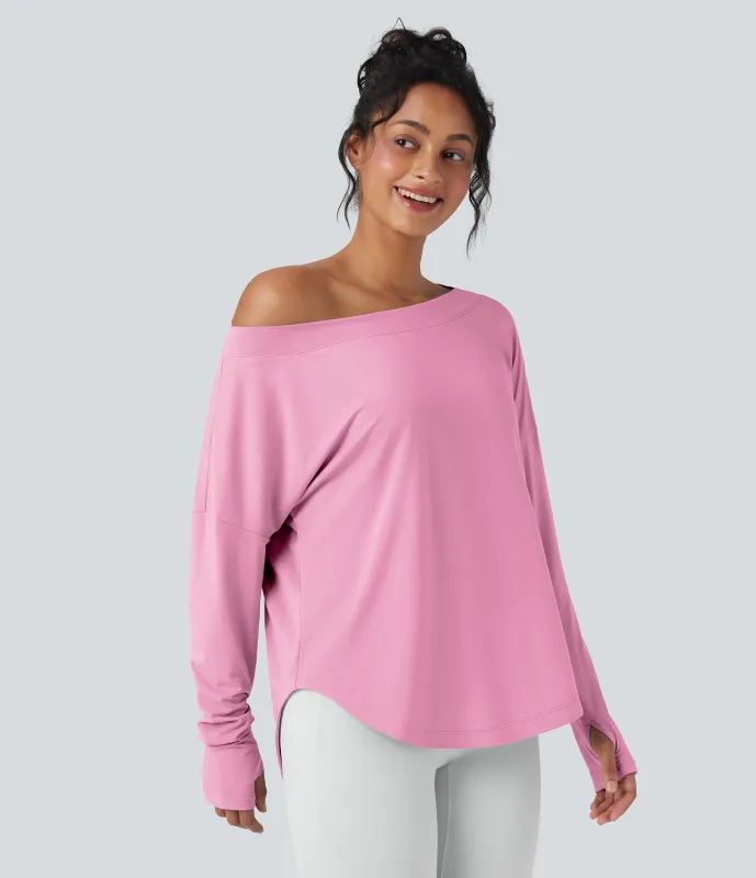 Halara Top deportivo de yoga de secado rápido de manga larga con hombro asimétrico, dobladillo curvo y abertura para el pulgar - Pink Frosting - XL sold by Halara