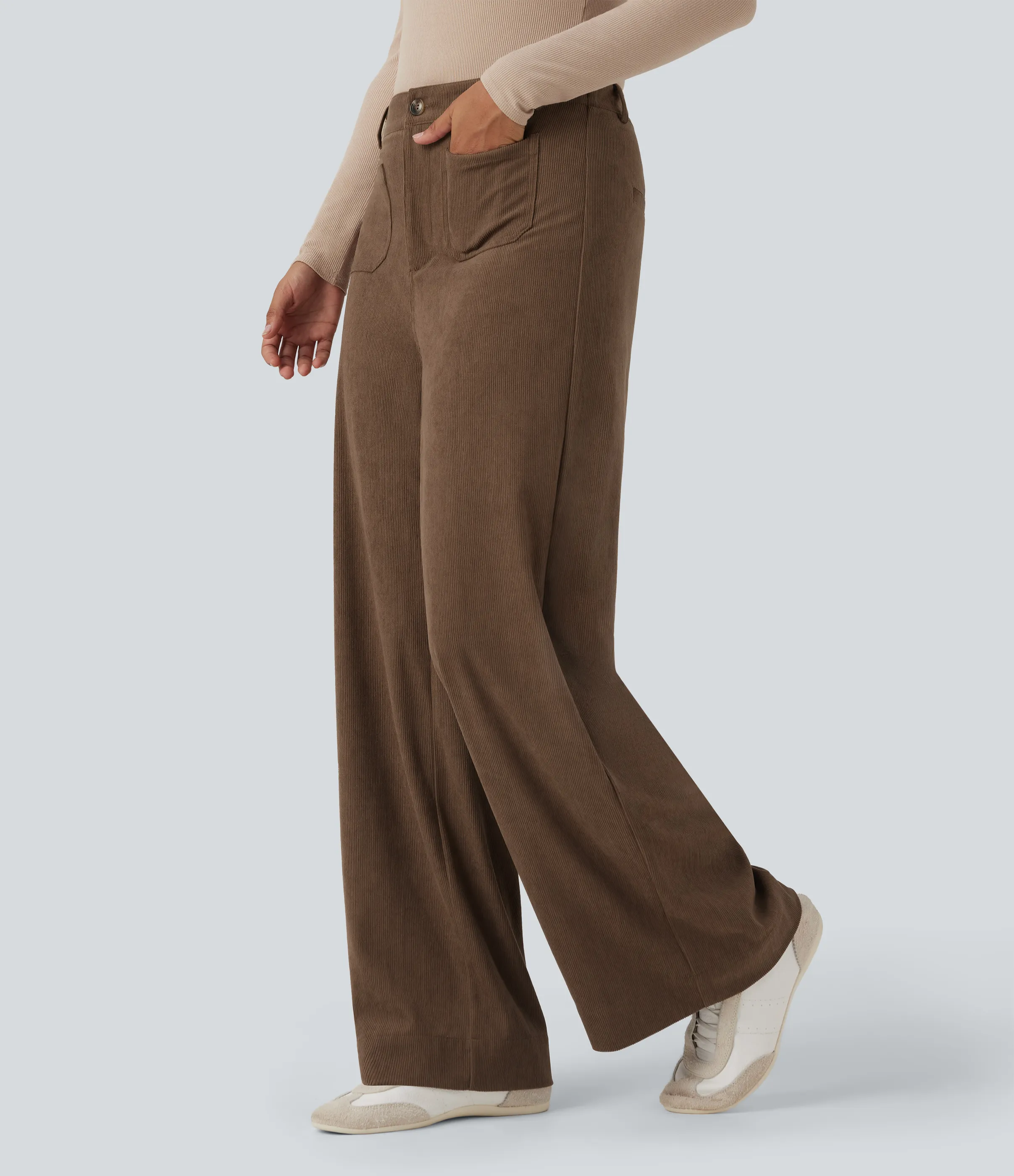 Halara Pantalones casuales rectos de pana de tiro alto con bolsillos - Camellia Brown - XS(regular) sold by Halara product image thumbnail 4
