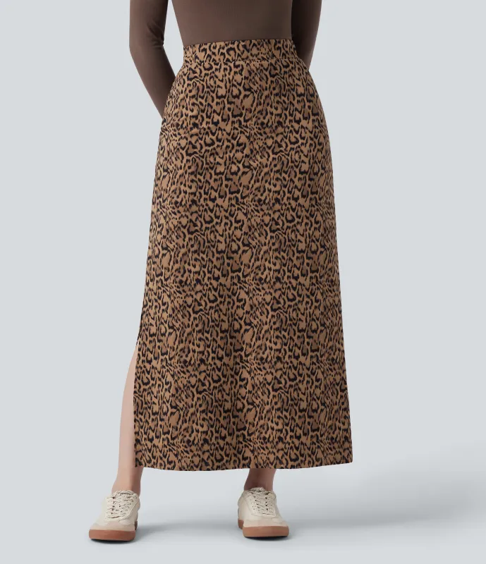 Halara Falda larga maxi UltraSculpt™ casual con abertura y tiro alto con estampado de leopardo - Tan Leopard - XS(regular) sold by Halara