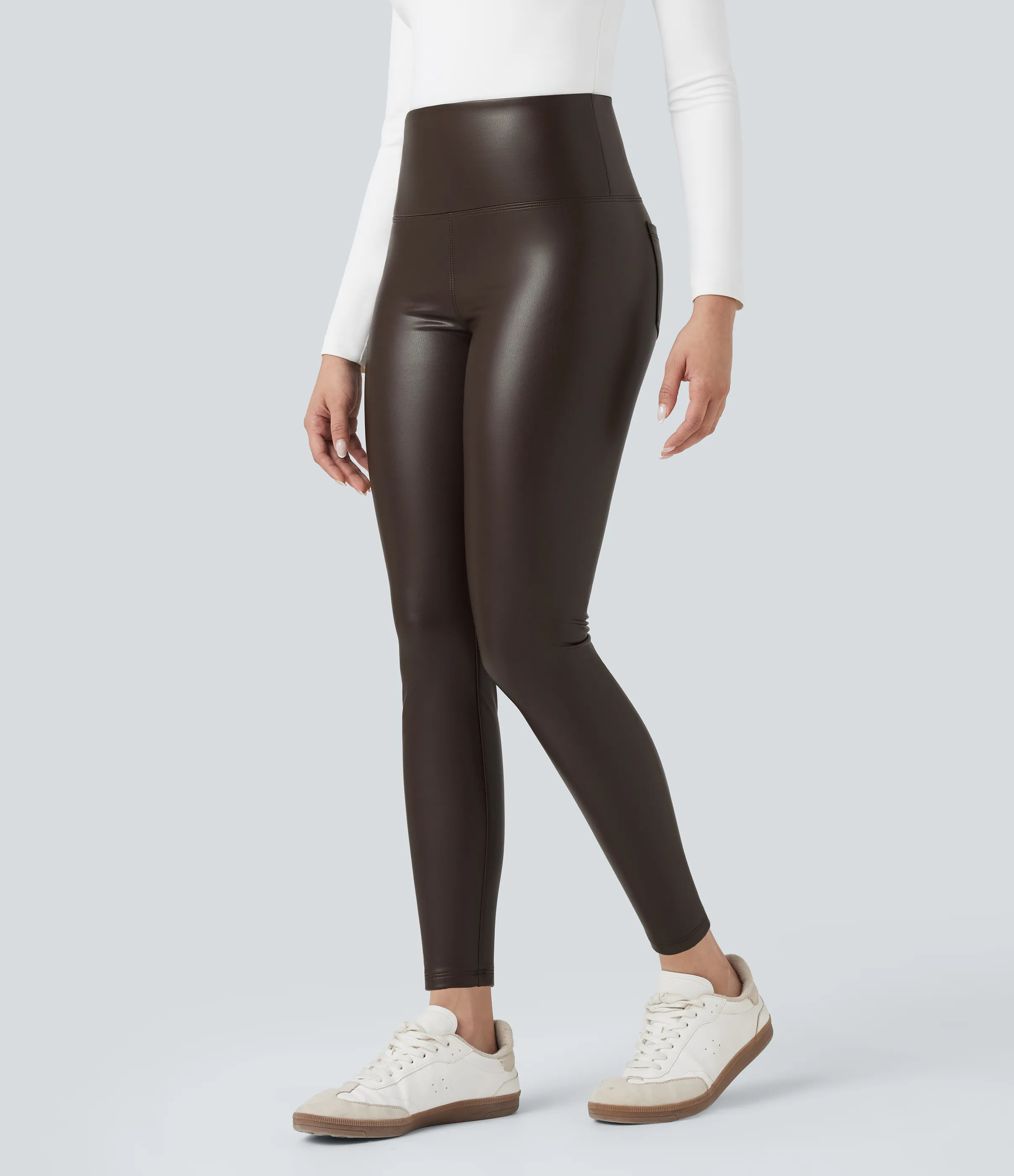 Halara Leggings casuales ajustados SoCinched de 7/8 de PU con control de abdomen, cintura alta y bolsillos - Java - L(7/8) sold by Halara product image thumbnail 4