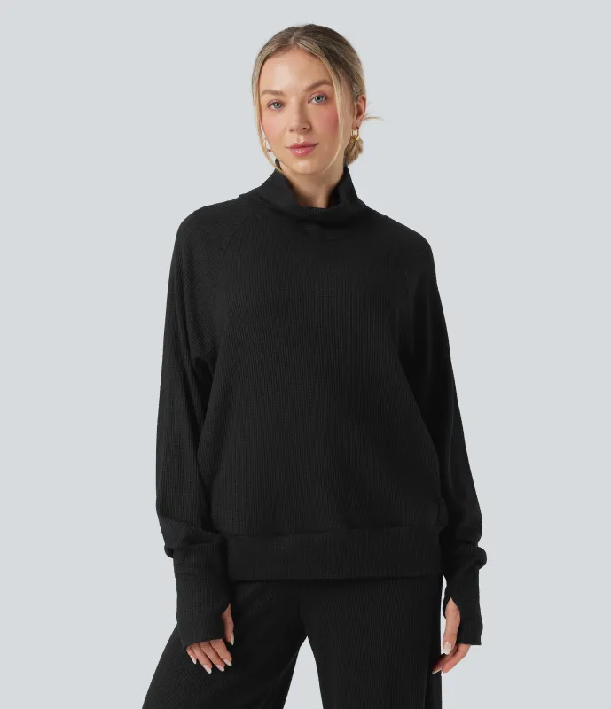 Halara Sudadera casual de cuello alto de manga larga con aberturas para los pulgares y bolsillos - Black - XS sold by Halara