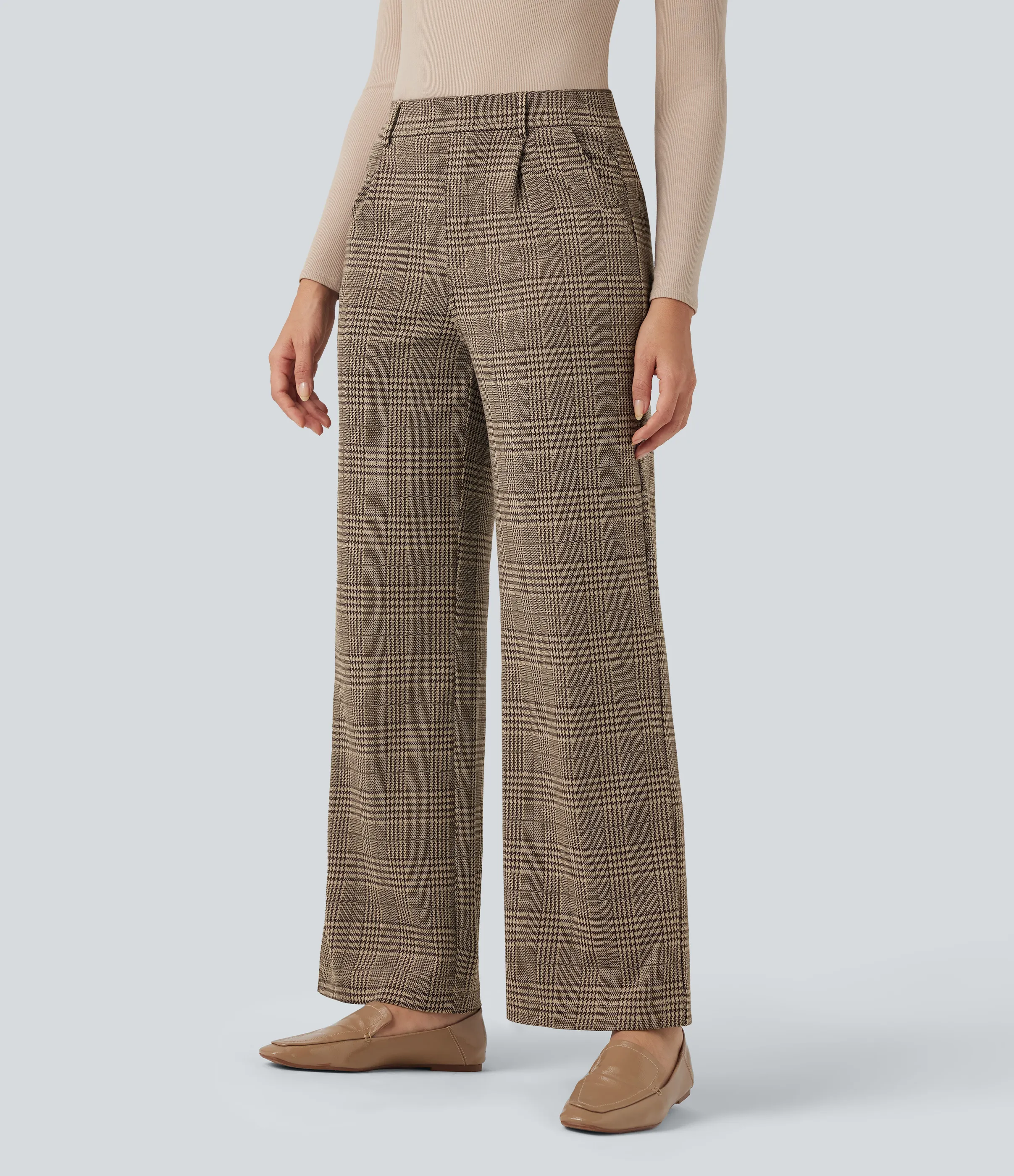 Halara Pantalones de oficina rectos Halara Flex™ de tiro alto con de pata de gallo y bolsillos - Brown Houndstooth Plaid - S(regular) sold by Halara product image thumbnail 4