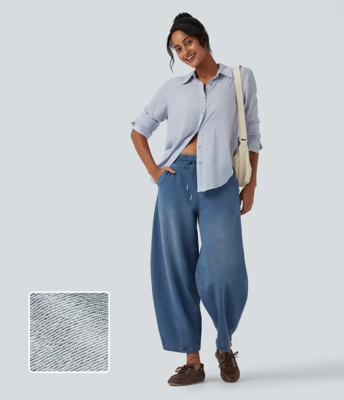 Halara Halara Flex™ Mid Rise Drawstring Barrel Leg Casual French Terry Sweatpants Jeans with Pockets - Tide Blue Denim - XS(regular) sold by Halara