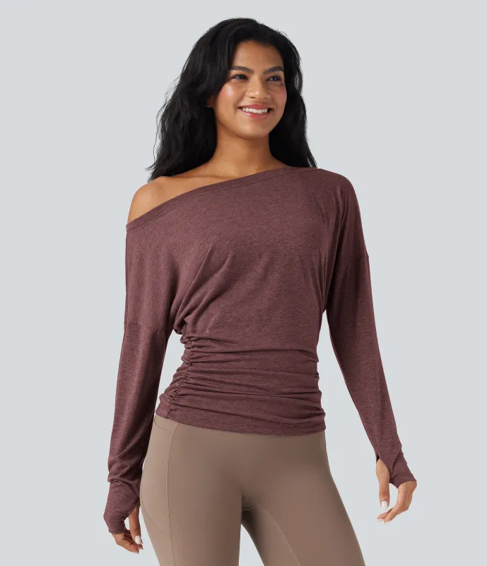 Halara Top deportivo de yoga fruncido con manga larga y un solo hombro con abertura para el pulgar - Mottled Begonia - XL sold by Halara