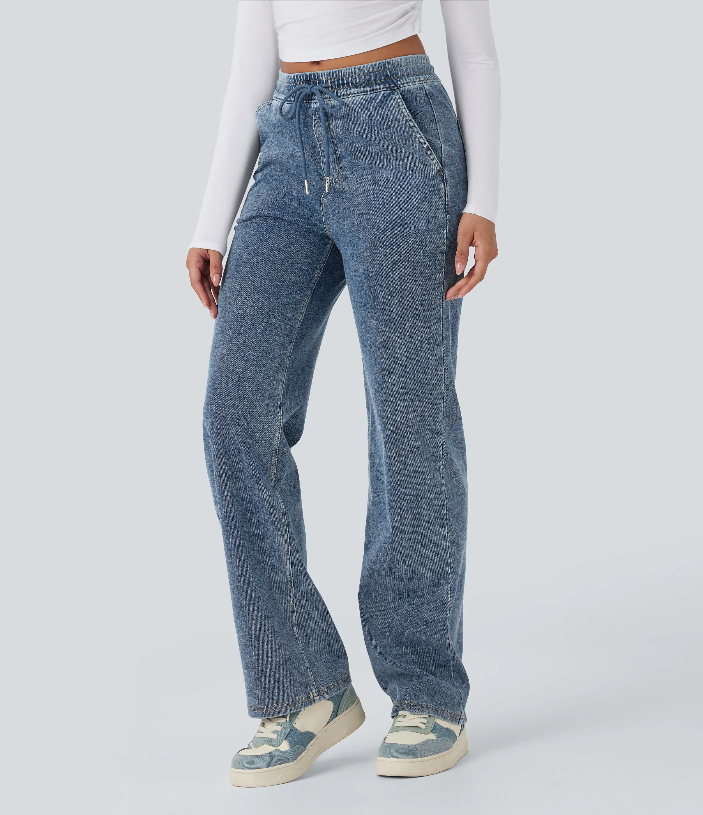 Halara Jeans casuales Halara Flex™ rectos de tiro medio con cordón y bolsillos - Tide Blue Denim - XL(regular) sold by Halara product image thumbnail 4