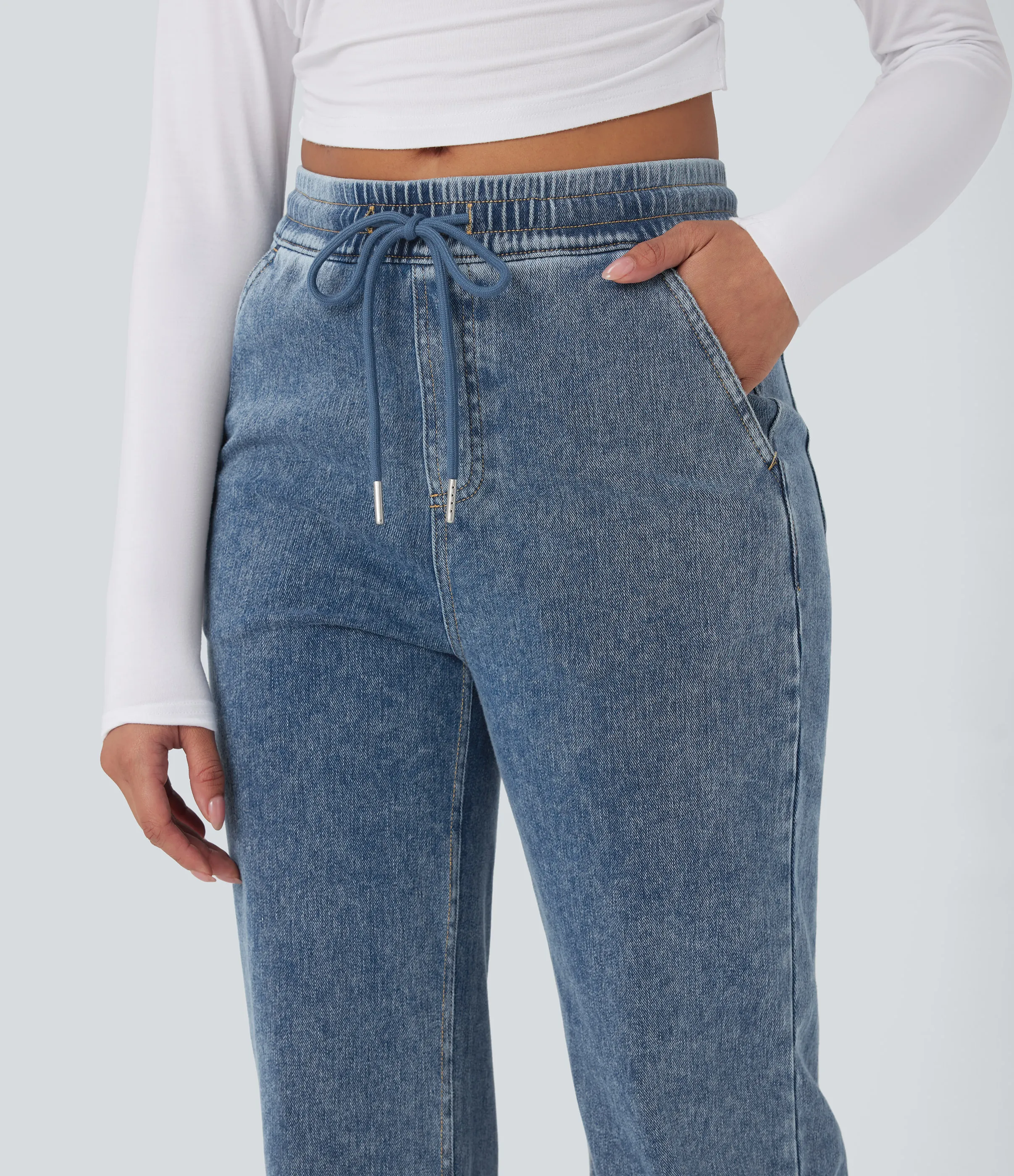 Halara Jeans casuales Halara Flex™ rectos de tiro medio con cordón y bolsillos - Tide Blue Denim - XL(regular) sold by Halara product image thumbnail 5