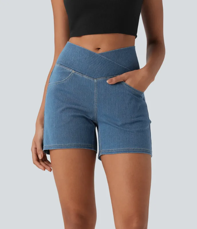 Halara Pantalón corto Halara Flex™ Denim mezclilla elástico lavado tiro alto múltiple bolsillo - Blue Surf Denim - XS(regular) sold by Halara