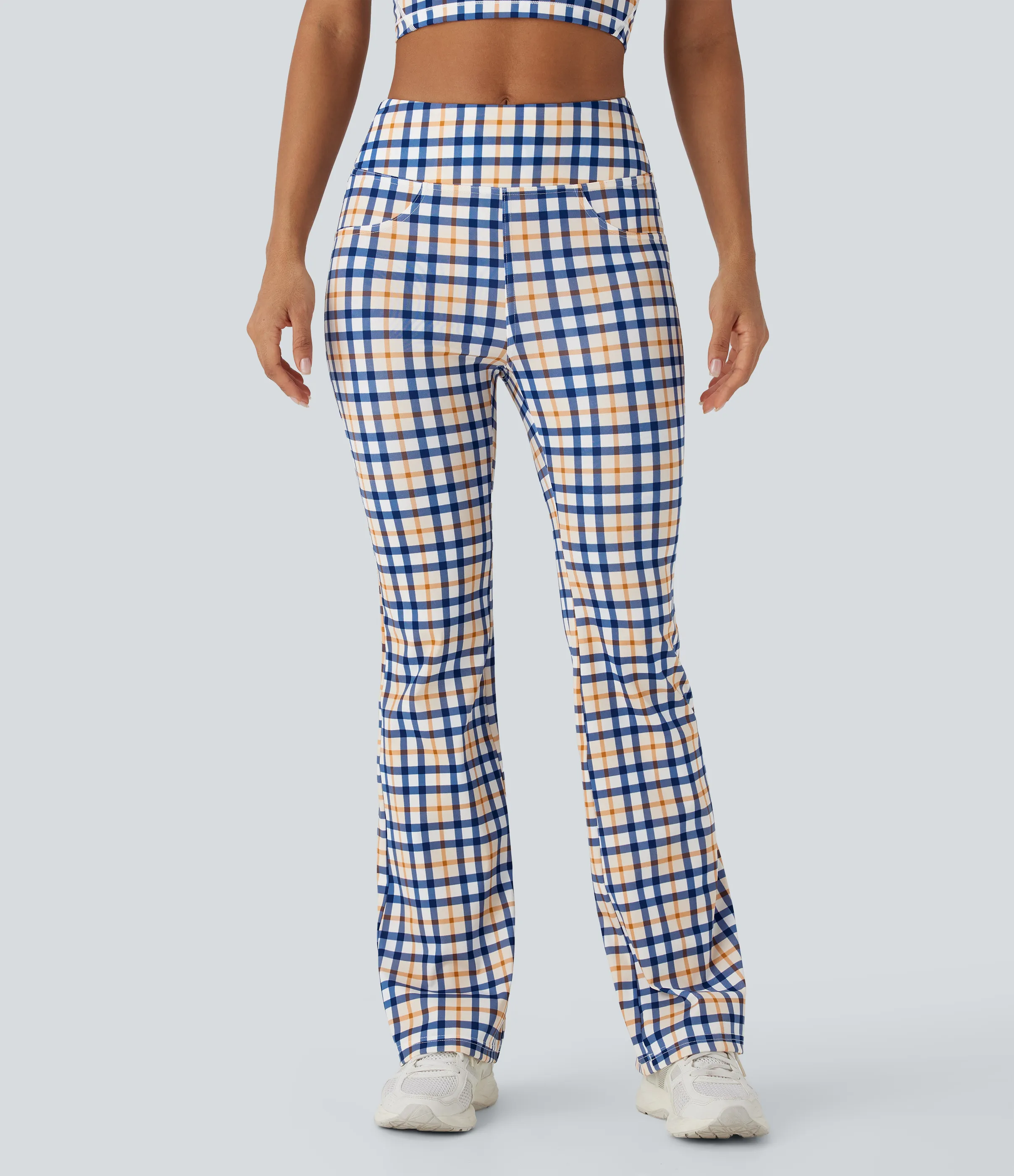 Halara Pantalones casuales de corte acampanado con tiro alto y bolsillos de tacto fresco - Blue White Golden Haze Plaid - L(regular) sold by Halara product image thumbnail 4