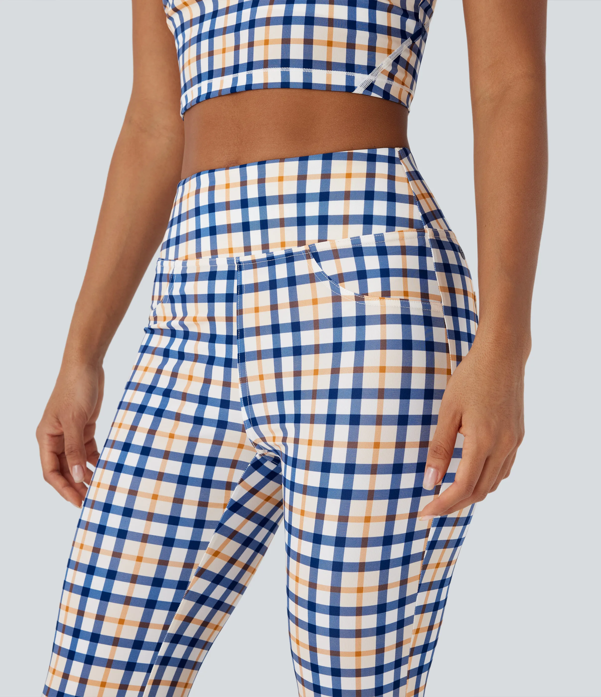 Halara Pantalones casuales de corte acampanado con tiro alto y bolsillos de tacto fresco - Blue White Golden Haze Plaid - L(regular) sold by Halara product image thumbnail 5