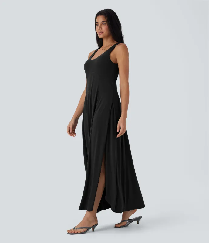 Halara Vestido largo casual fluido de tirantes con escote en U, abertura lateral y espalda descubierta - Black - M sold by Halara