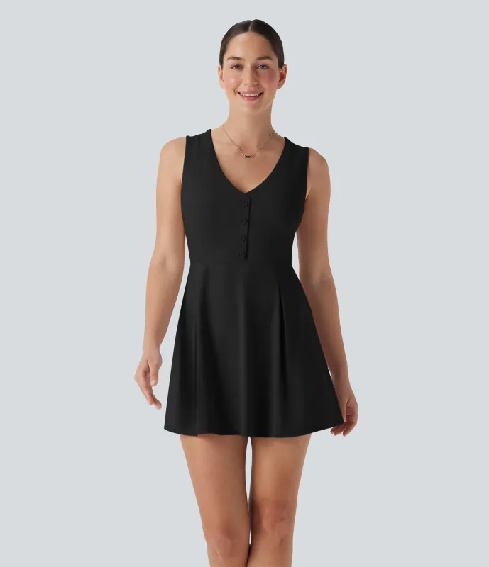 Halara Vestido mini casual de dos piezas con cuello en V sin mangas con botones decorativos y bolsillo - Black - L sold by Halara