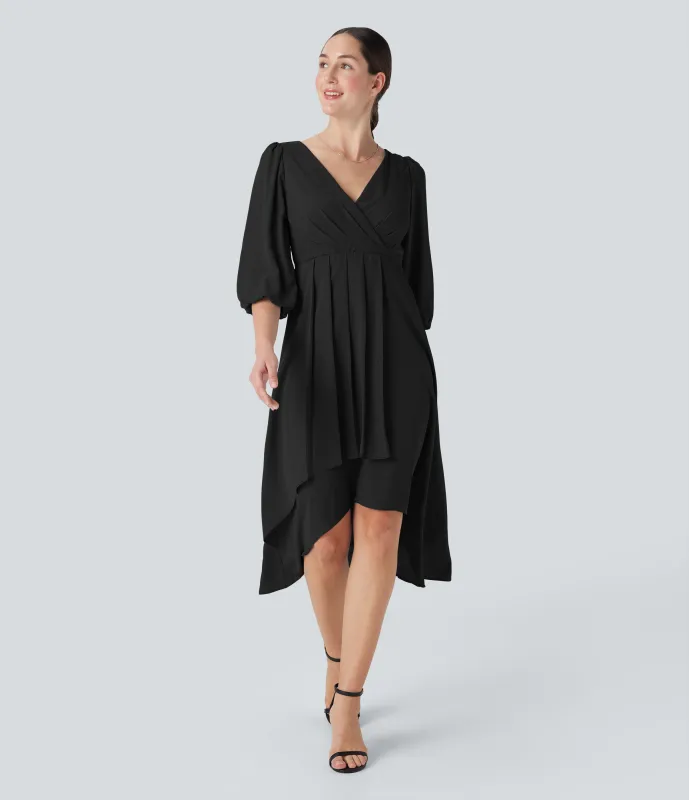 Halara Vestido casual midi plisado con cuello en V y mangas 3/4 - Black - S sold by Halara