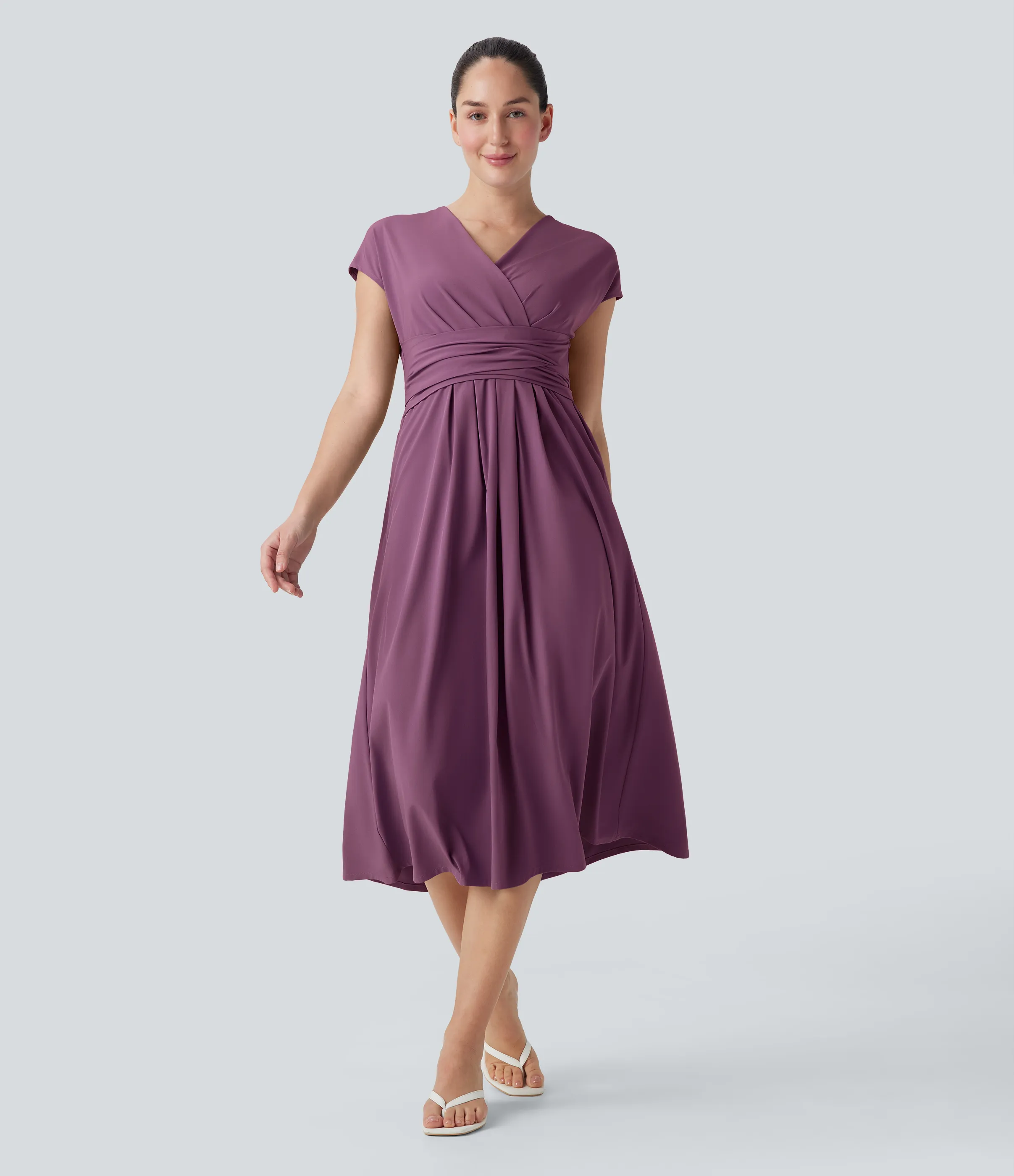 Halara Vestido casual midi Breezeful™ de secado rápido con cuello en V, manga corta, bolsillo lateral y lazo en la espalda - Amaranth - M sold by Halara