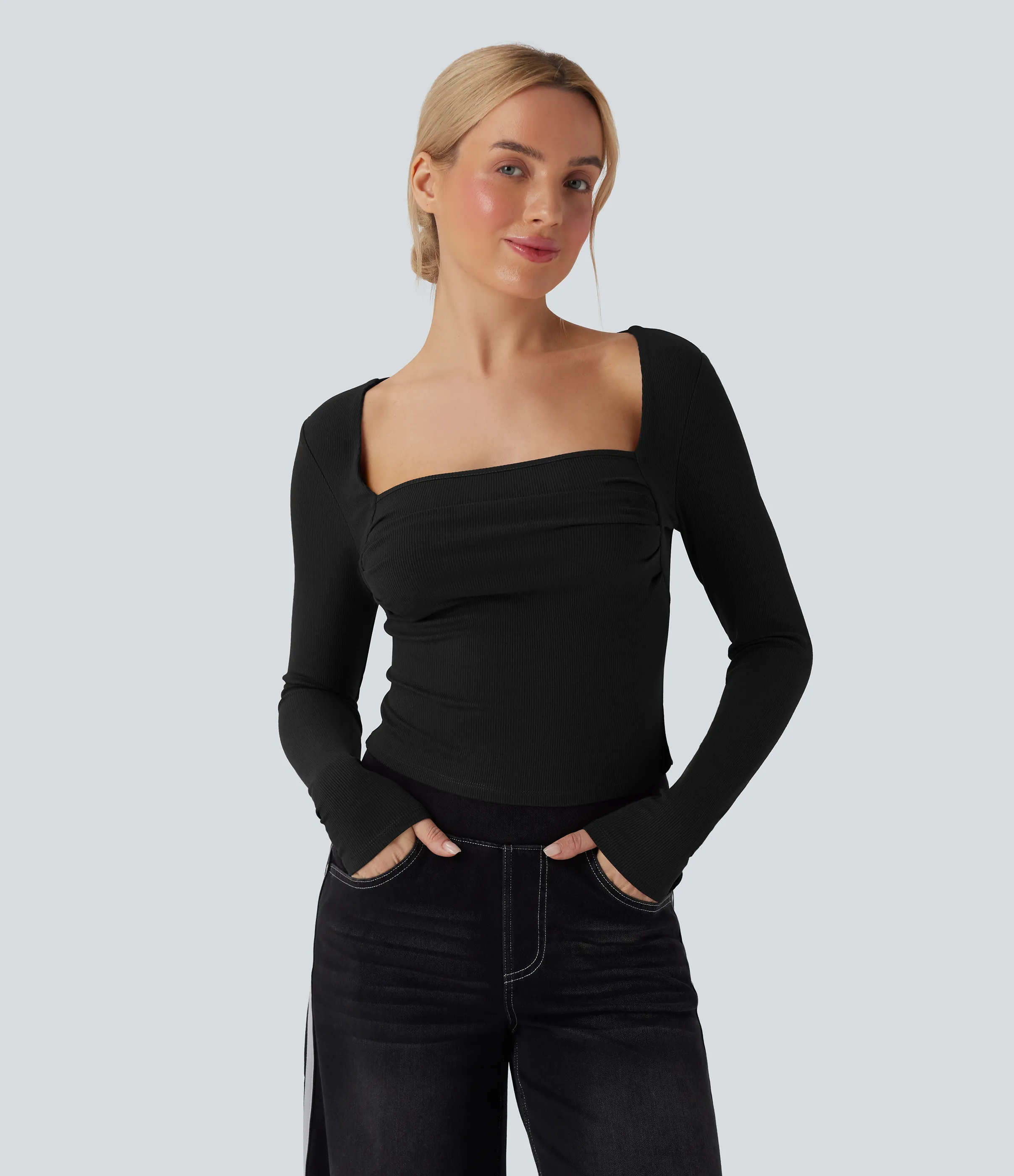 Halara Top casual fruncido de manga larga con cuello cuadrado - Black - L sold by Halara