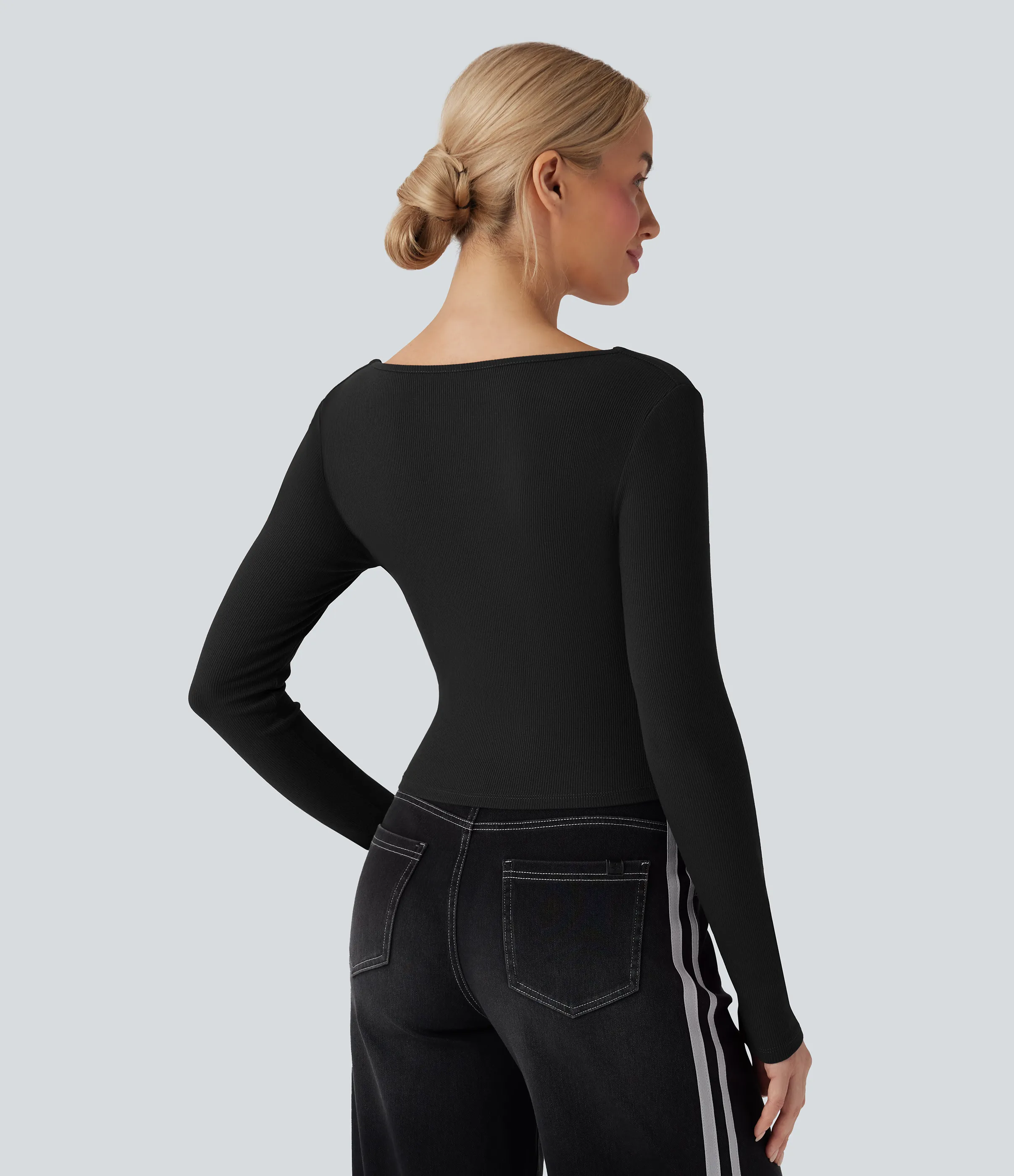 Halara Top casual fruncido de manga larga con cuello cuadrado - Black - L sold by Halara product image thumbnail 3