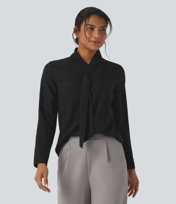 Halara Camisa de oficina de manga larga con cuello de bufanda antiarrugas - Black - L sold by Halara