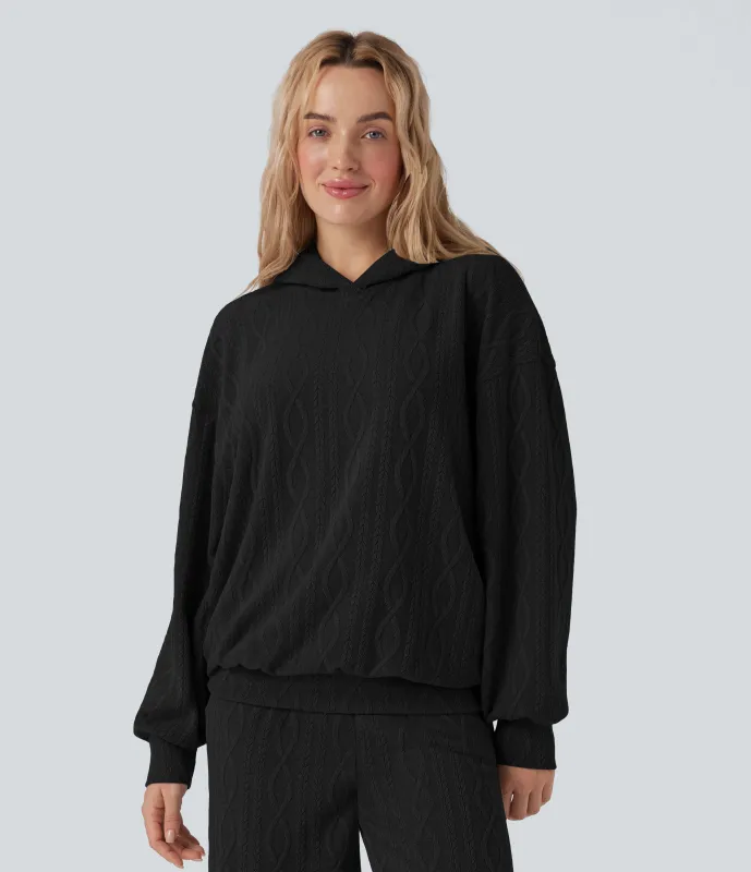 Halara Sudadera casual oversize de manga larga y punto cable con capucha - Black - XS sold by Halara