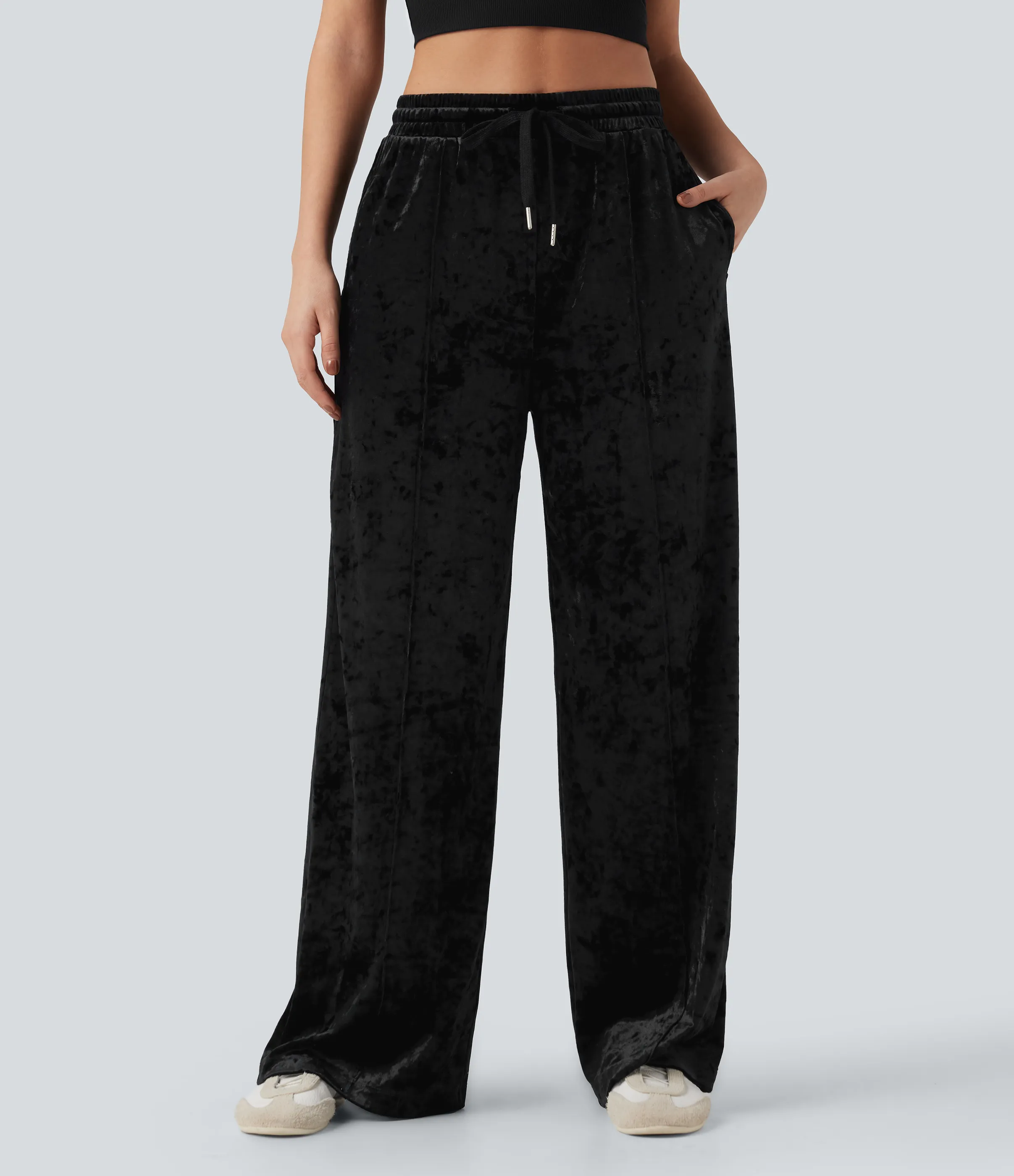 Halara Pantalones casuales anchos de terciopelo con tiro medio con cordón y bolsillos - Black - M(regular) sold by Halara