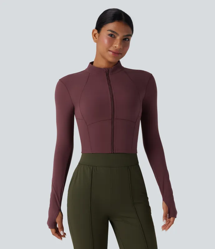 Halara Chaqueta de golf corta SoftlyZero™ con cuello alto afelpado y aberturas para los pulgares y cremallera - Red Mahogany - XL sold by Halara