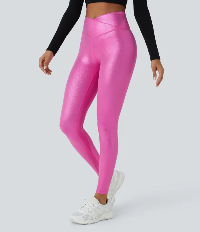 Halara Leggings Softlyzero™ de cuero sintético metalizados ultra elásticos con bolsillos traseros - Shiny Fuchsia Fedora - L(7/8) sold by Halara