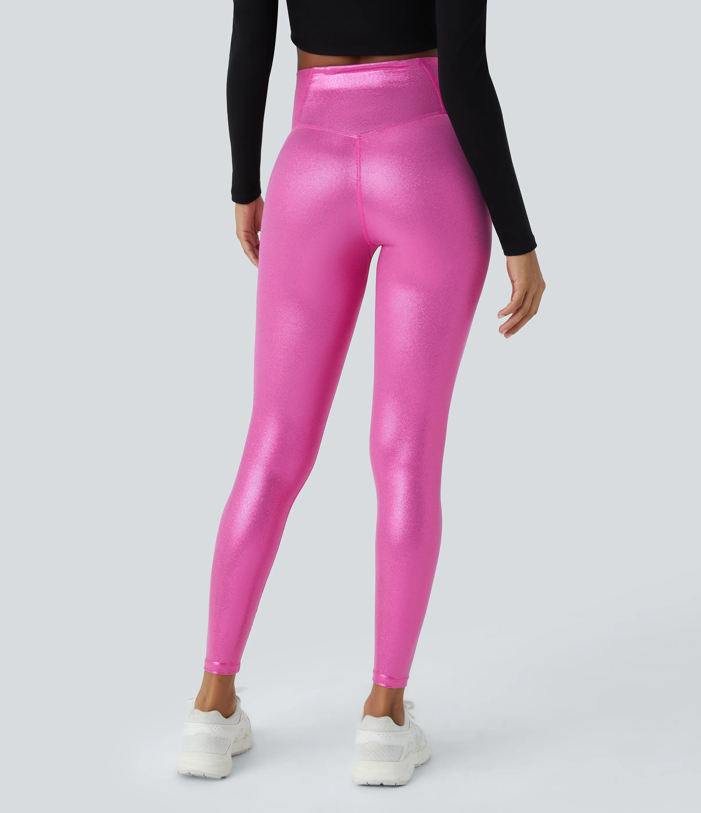 Halara Leggings Softlyzero™ de cuero sintético metalizados ultra elásticos con bolsillos traseros - Shiny Fuchsia Fedora - L(7/8) sold by Halara product image thumbnail 3