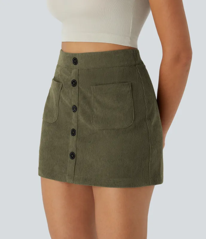 Halara Minifalda pana 2 en 1 tiro alto botón bolsillo lateral delantero cremallera - Rifle Green - XS(regular) sold by Halara