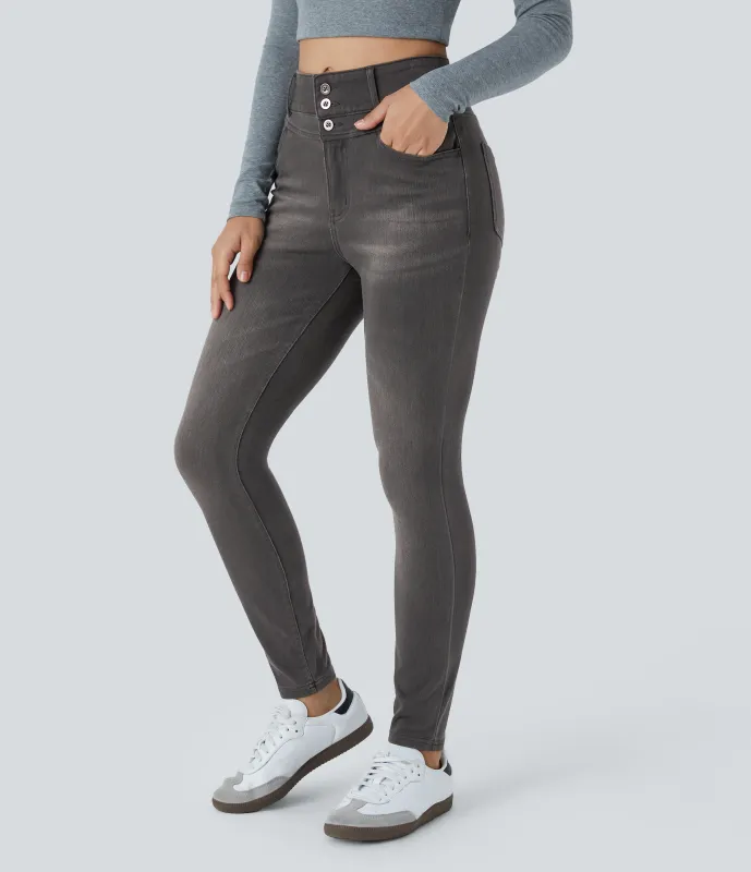 Halara Jeans Halara Flex™ Denim ajustado elástico múltiple bolsillo cremallera botones tiro alto - Carbon Paint Denim - XL(regular) sold by Halara