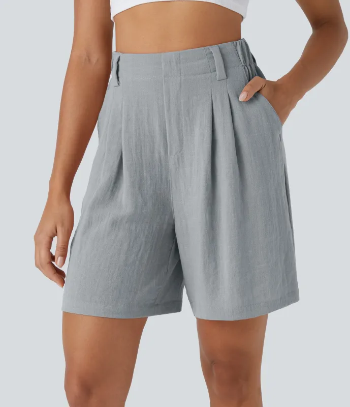 Halara Bermudas casuales anchas con tacto de lino de tiro alto, bolsillo lateral plisado - Quarry - XS sold by Halara