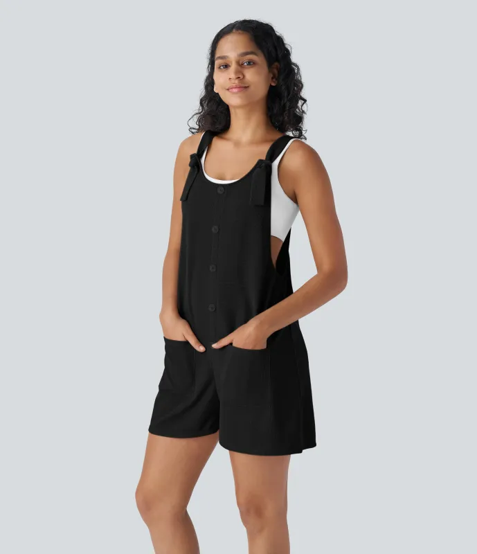 Halara Overol gofre bolsillo delantero botón decorativo correa nudo - Black - L made by Halara