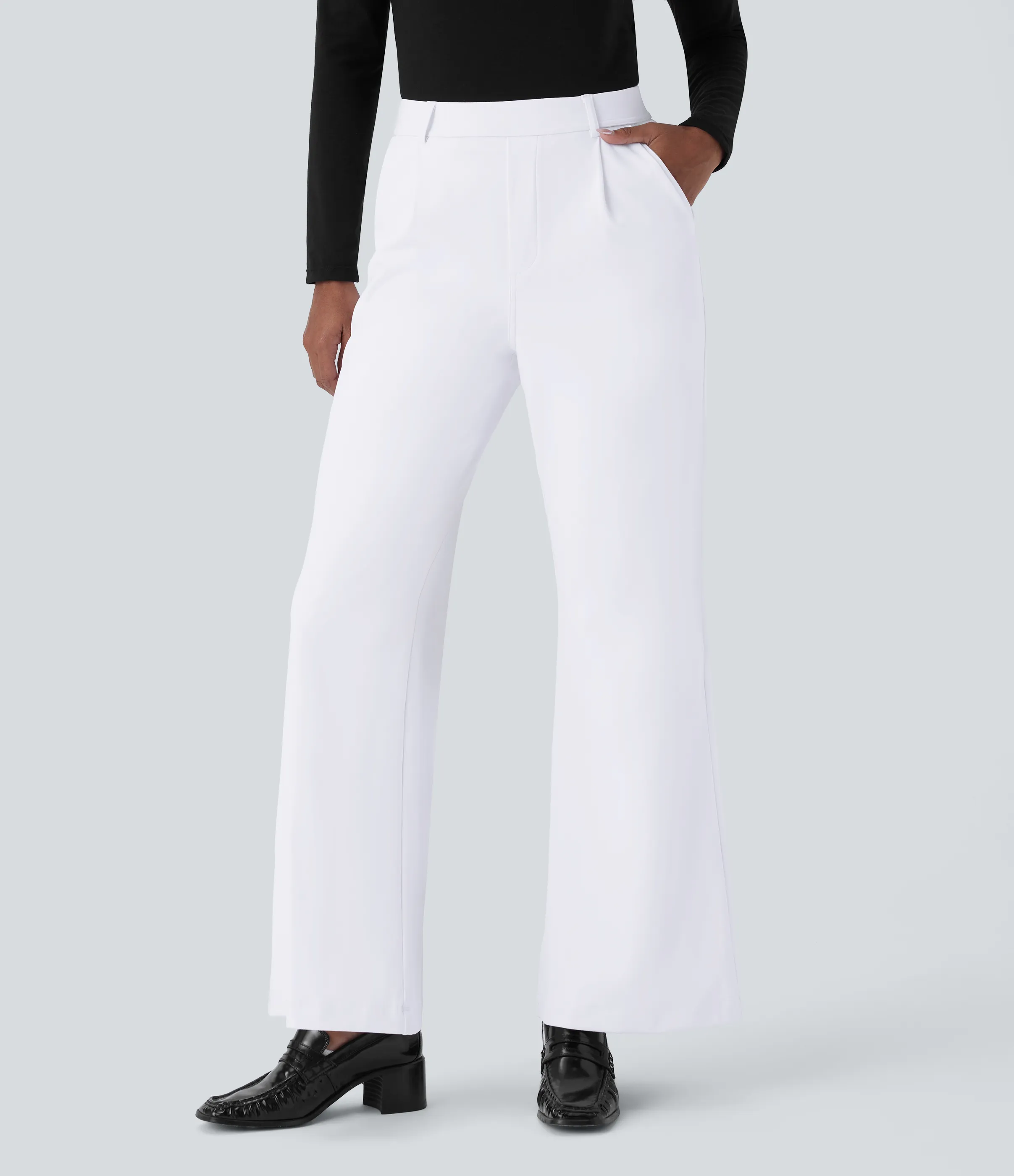 Halara Pantalón oficina acampanado bolsillo lateral tiro alto - White - XS(tall) sold by Halara