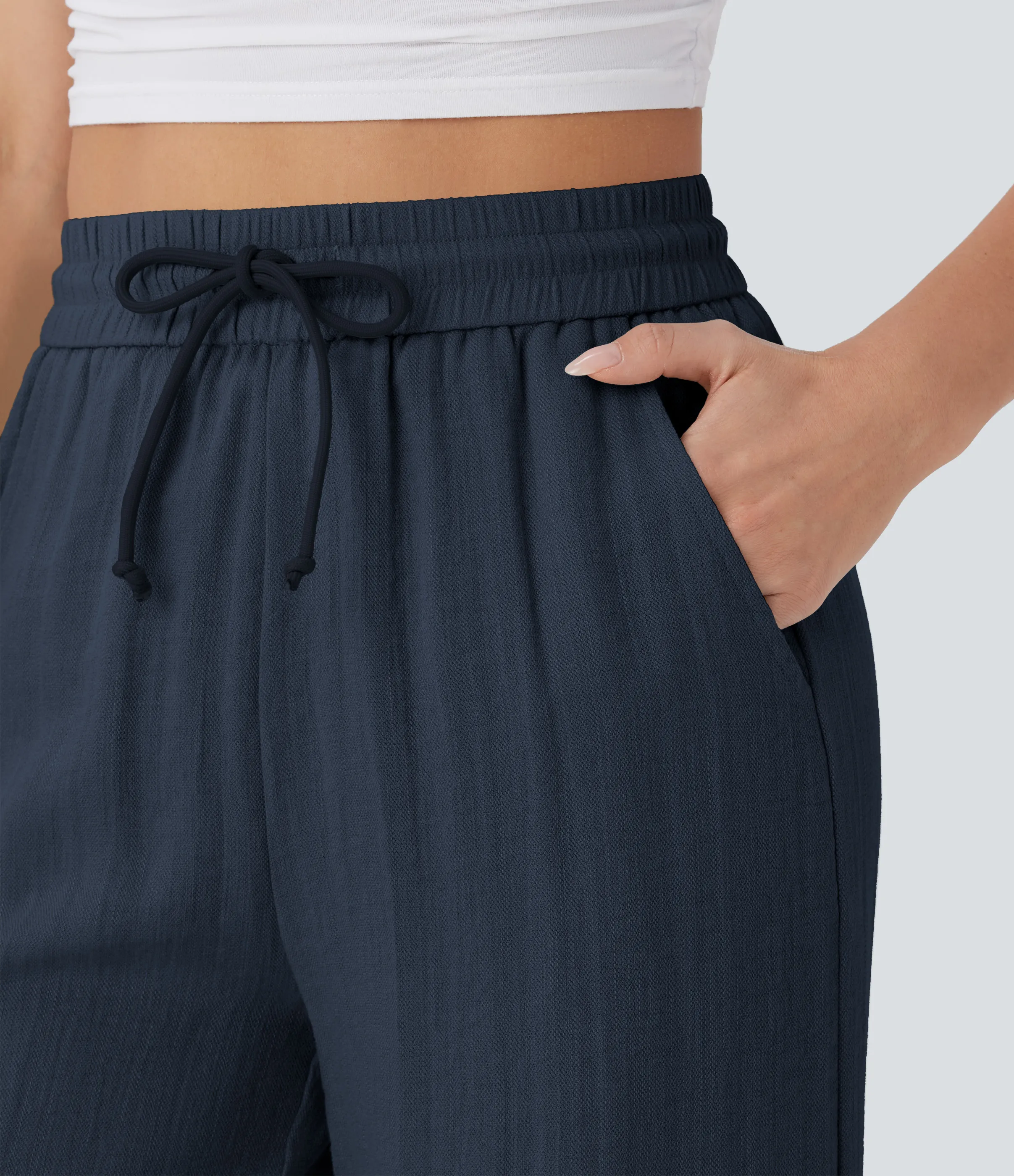 Halara Pantalón lino tiro alto cordón ajustable bolsillo lateral pierna ancha - Dark Blue - M(petite) sold by Halara product image thumbnail 5