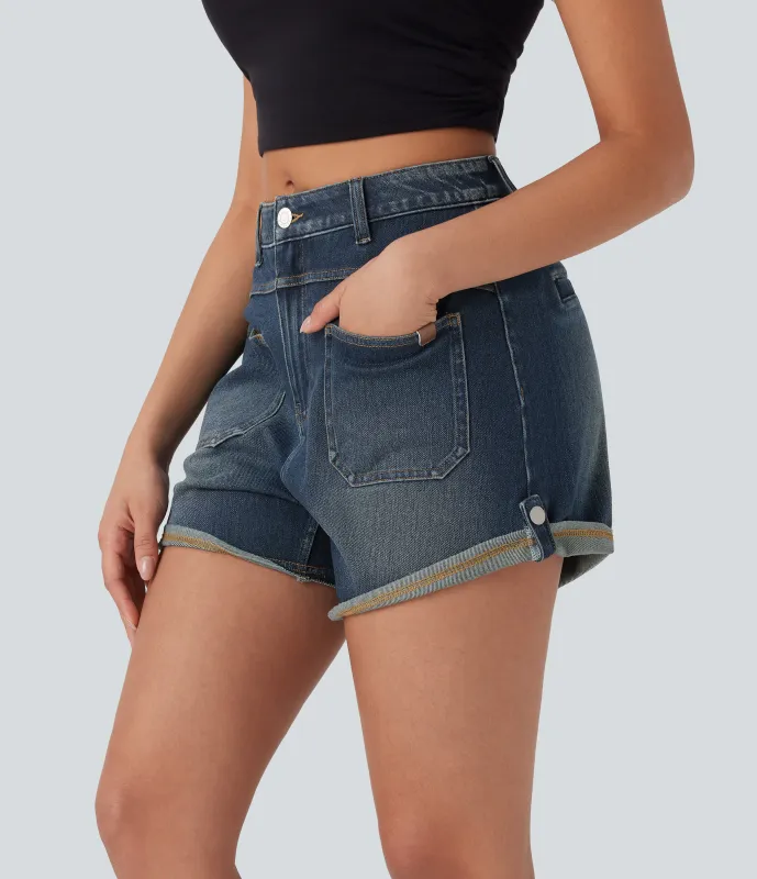 Halara Pantalón corto Halara Flex™ Denim mezclilla elástico lavado dobladillo enrollado bolsillo delantero tiro medio - Green Heron Denim - M(regular) sold by Halara