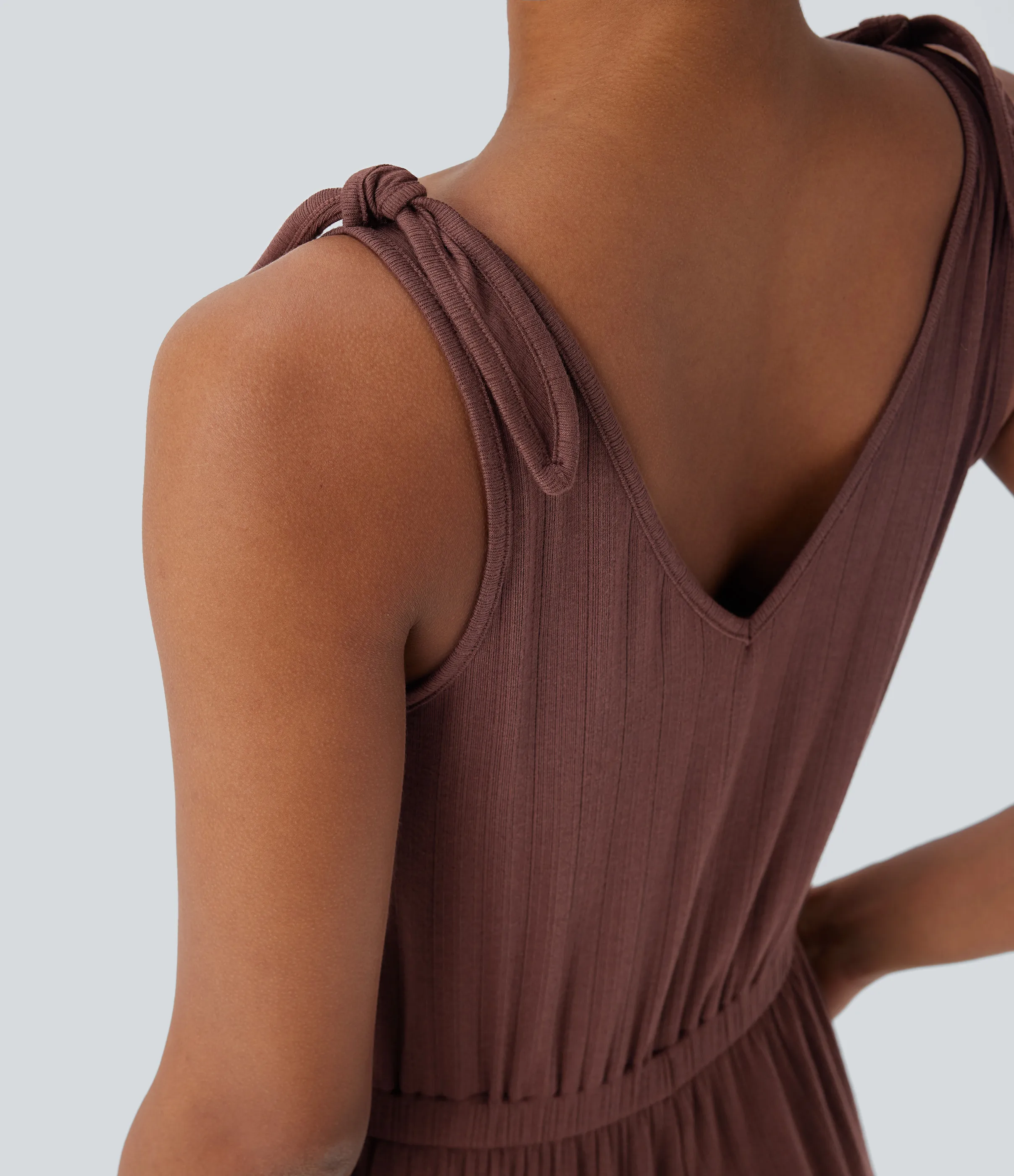 Halara Mono sin mangas cuello V bolsillo lateral nudo acanalado - Chocolate Fondant - XL(regular) sold by Halara product image thumbnail 5