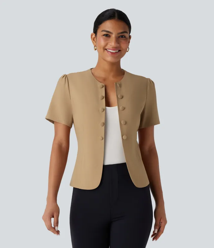 Halara Chaqueta oficina ajustada botón decorativo manga corta cuello redondo - Cartouche - XS sold by Halara