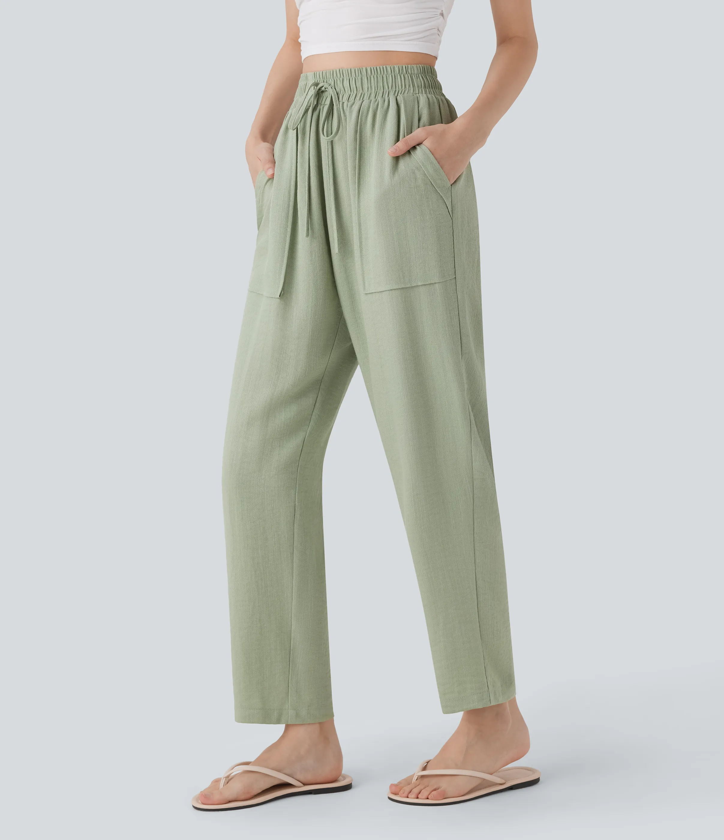 Halara Pantalones casuales de lino de tiro alto con cordón y bolsillos - Thin Mint - Seafoam - XS(regular) sold by Halara product image thumbnail 4