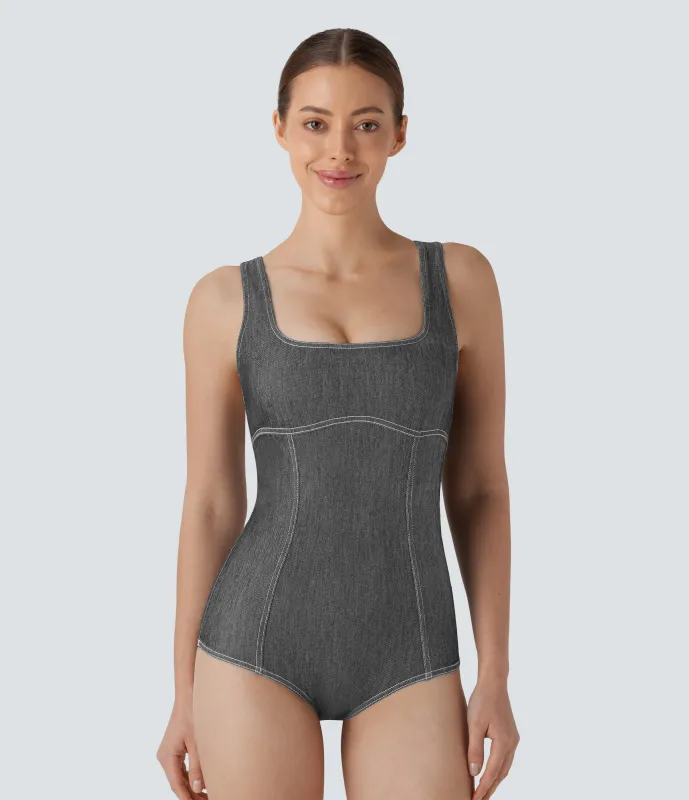 Halara Body Halara Flex™ Denim mezclilla tenis elástica desgastada cuello cuadrado y espalda nadadora con tacto frío - Meteorite Black Denim - XS sold by Halara