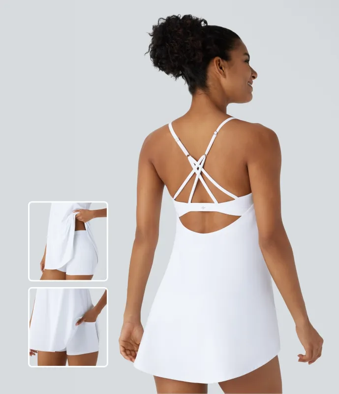 Halara Vestido mini de yoga Softlyzero™ de dos piezas con tirantes ajustables, espalda descubierta cruzada con tacto fresco y bolsillos - UPF 50+ - White - XL made by Halara