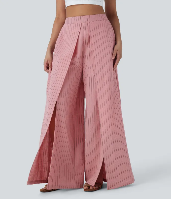 Halara Pantalones de lino con tiro alto, abertura y pierna ancha con bolsillos - Candy Pink Black Yarn Dye Stripes - XL(regular) sold by Halara