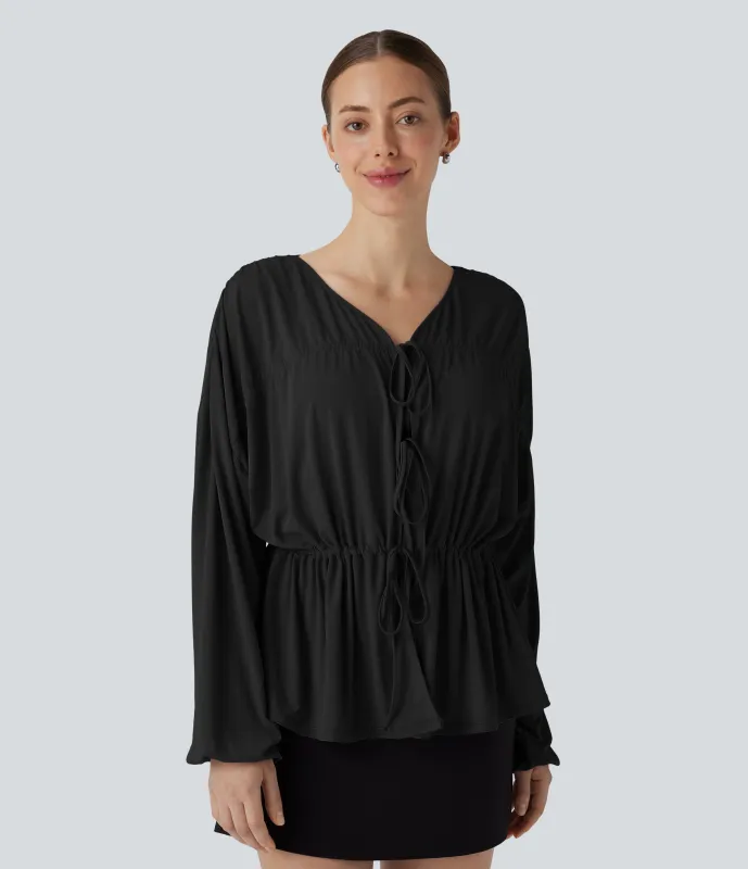 Halara Blusa de oficina de manga larga con cordones y cordón ajustable - Black - XS sold by Halara