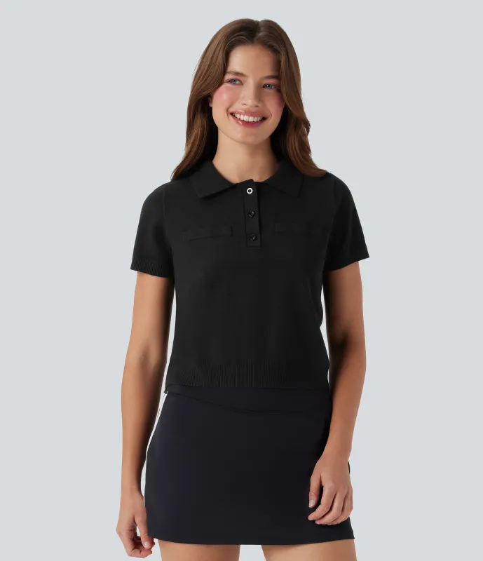 Halara Suéter casual de punto de manga corta con botones delanteros tipo polo - Black - M sold by Halara
