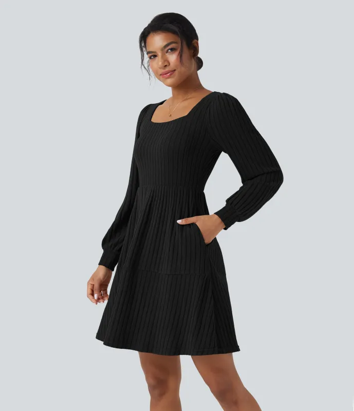 Halara Vestido casual de punto acanalado con cuello cuadrado manga larga abullonada y bolsillos - Black - XL sold by Halara